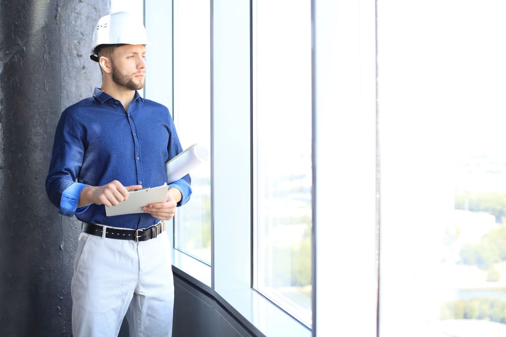 Architect holding plans looking out through vacuum glazed windows