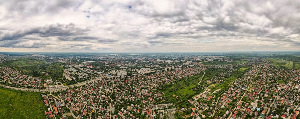 Aerial drone panoramic view of a housing association housing estate in the UK