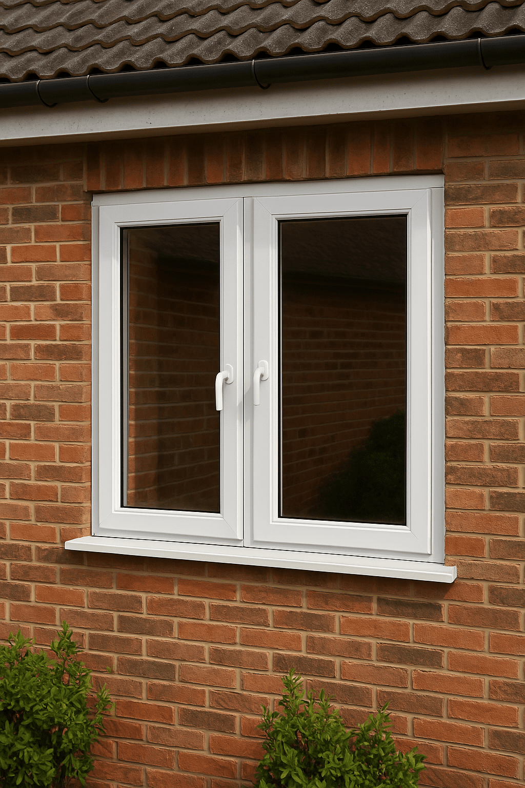 White PVC double-glazed window set in a red brick wall of a traditional UK house, with a central mullion and greenery below, photographed in natural daylight.