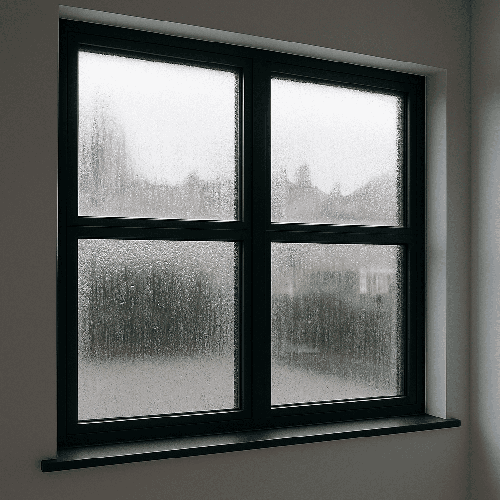 A close-up image of a modern aluminium window with blown double glazing, showing visible fogging and condensation between the panes, highlighting the loss of insulating gas and thermal efficiency over time.
