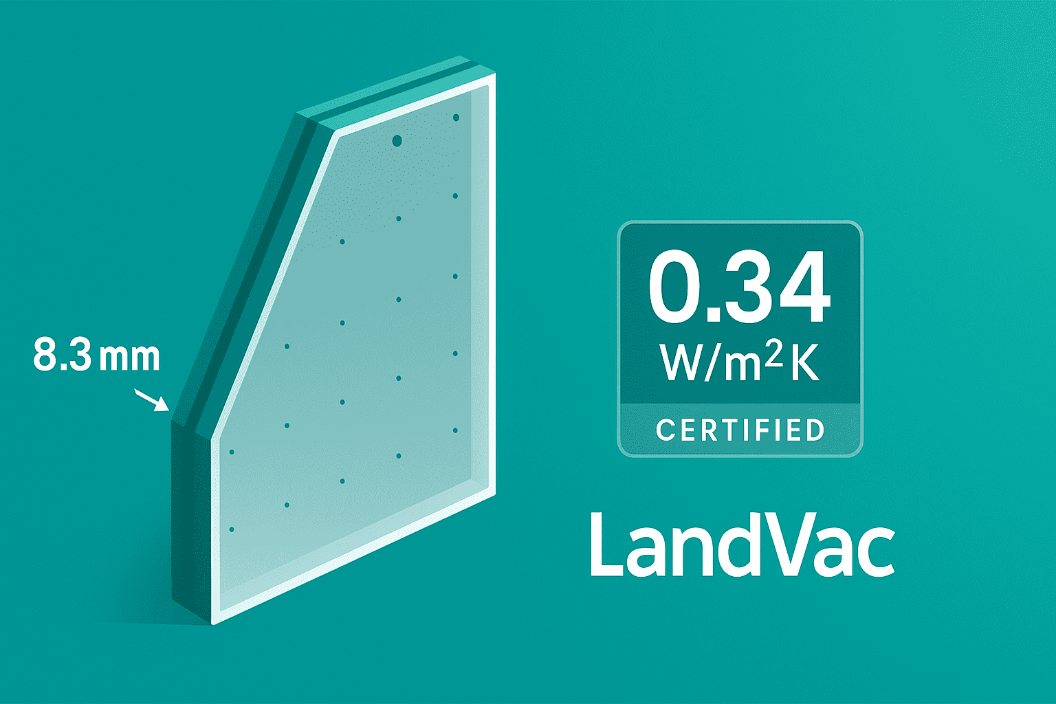 Digital illustration of a LandVac vacuum-insulated glass panel shown in three-quarter view. The slim unit, labelled ‘8.3 mm’, reveals micro-pillar dots between the panes. A teal badge reads ‘0.34 W/m²K Certified’, and the LandVac logo appears in the bottom right against a teal gradient background.