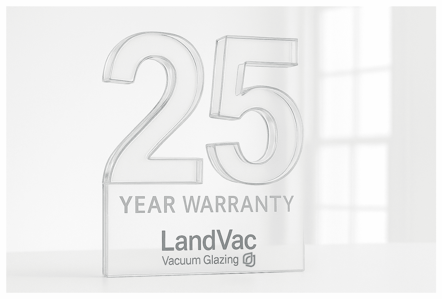 Transparent glass numerals “25” stand on a block engraved “Year Warranty”, set against a softly lit sash-window backdrop; below sits the wording “LandVac Vacuum Glazing” alongside the teal-and-grey Vacuum Glazing UK logo.