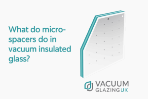 Digital educational banner from Vacuum Glazing UK showing an exploded diagram of vacuum-insulated glazing with labelled components, including circular titanium micro-spacers spaced across the surface. The layout is balanced with the company logo in the bottom right.