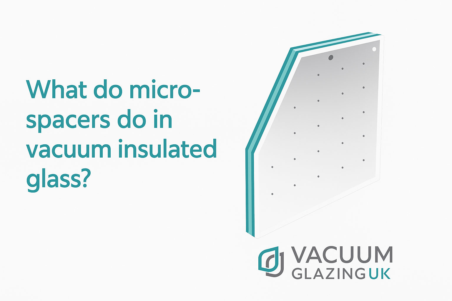 Digital educational banner from Vacuum Glazing UK showing an exploded diagram of vacuum-insulated glazing with labelled components, including circular titanium micro-spacers spaced across the surface. The layout is balanced with the company logo in the bottom right.