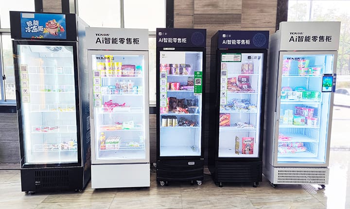 Row of five smart vending machines with clear vacuum-glass doors, showcasing drinks, snacks, and frozen goods. Each unit has a digital display and AI-powered features, with branding and Chinese text on top panels. The bright interiors contrast with the sleek, modern exterior design.
