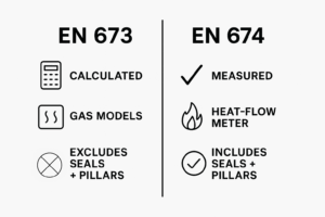 A black and white infographic comparing EN 673 and EN 674 glazing standards. On the left, EN 673 shows three icons: a calculator labelled “Calculated,” a gas symbol labelled “Gas models,” and a circle with an X labelled “Excludes seals + pillars.” On the right, EN 674 shows three icons: a tick labelled “Measured,” a flame labelled “Heat-flow meter,” and a circle with a tick labelled “Includes seals + pillars.” A vertical line divides the two sets of points.