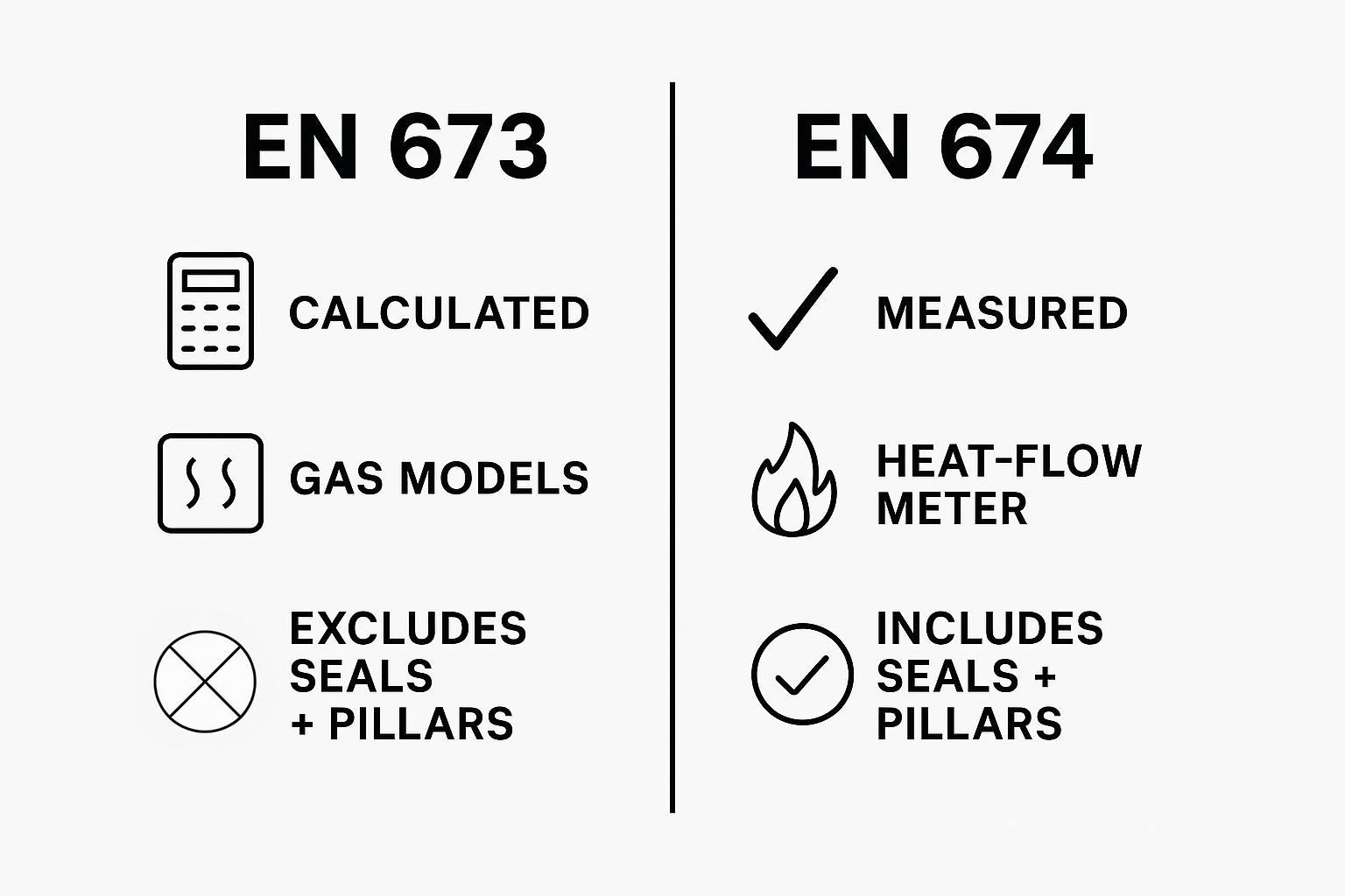 A black and white infographic comparing EN 673 and EN 674 glazing standards. On the left, EN 673 shows three icons: a calculator labelled “Calculated,” a gas symbol labelled “Gas models,” and a circle with an X labelled “Excludes seals + pillars.” On the right, EN 674 shows three icons: a tick labelled “Measured,” a flame labelled “Heat-flow meter,” and a circle with a tick labelled “Includes seals + pillars.” A vertical line divides the two sets of points.