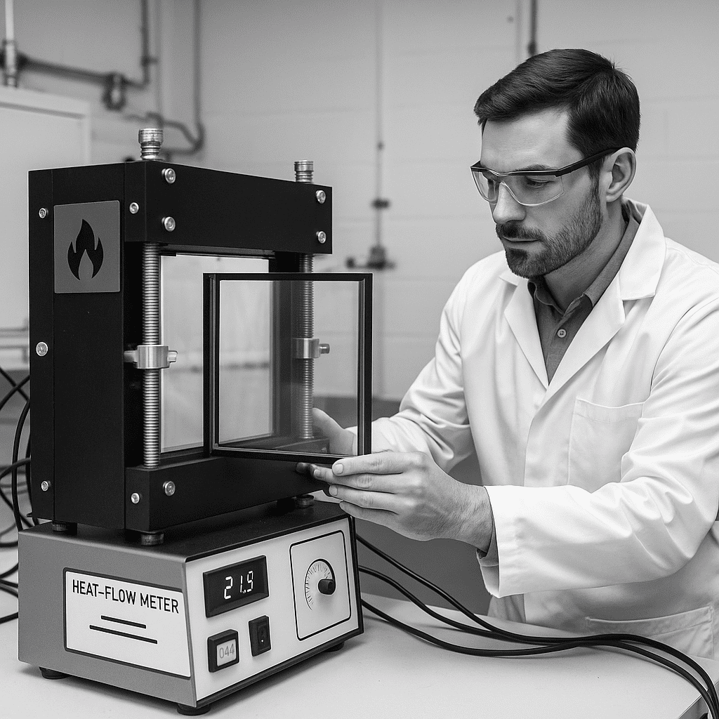 A glazing unit is secured in a laboratory-style testing frame with cables and sensors attached to the glass, connected to a display unit on the bench. The setup visually represents the type of physical thermal testing used to measure U-values in a heat-flow meter rig. This image has been created for illustrative purposes and is not a photograph of a real test in progress.
